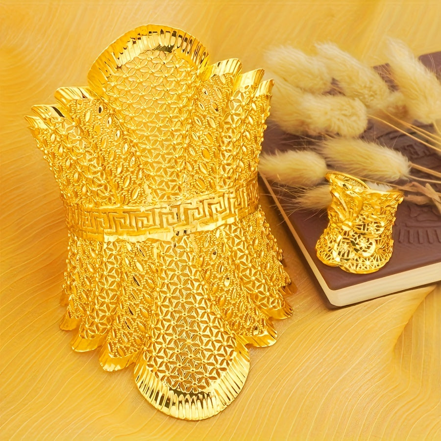 Set of 2 Gold Plated Copper Cuff Bracelets with Rings for Women Boho Chic Jewelry for Weddings Parties Gifts