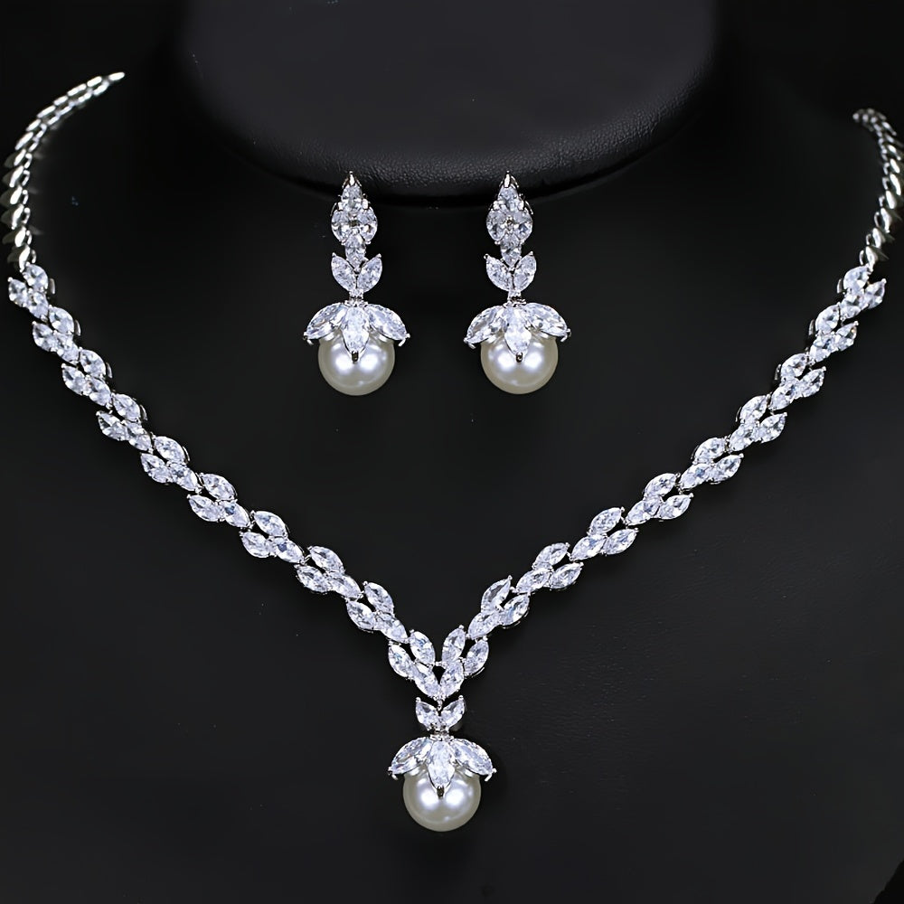 Bridal Jewelry Set with Pearl Pendant Necklace and Earrings Synthetic Cubic Zirconia White
