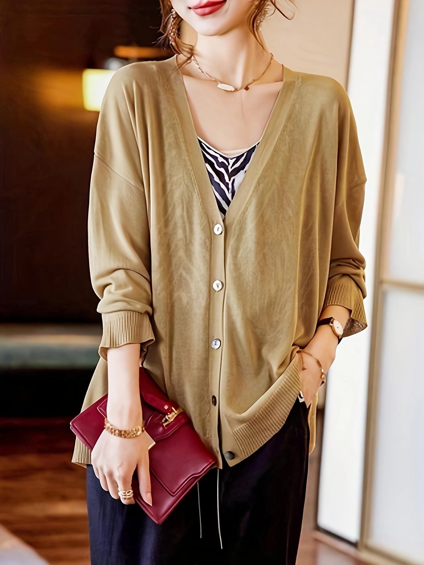 Plus Size Women's V-Neck Cardigan Lightweight Beige Open Front Sweater