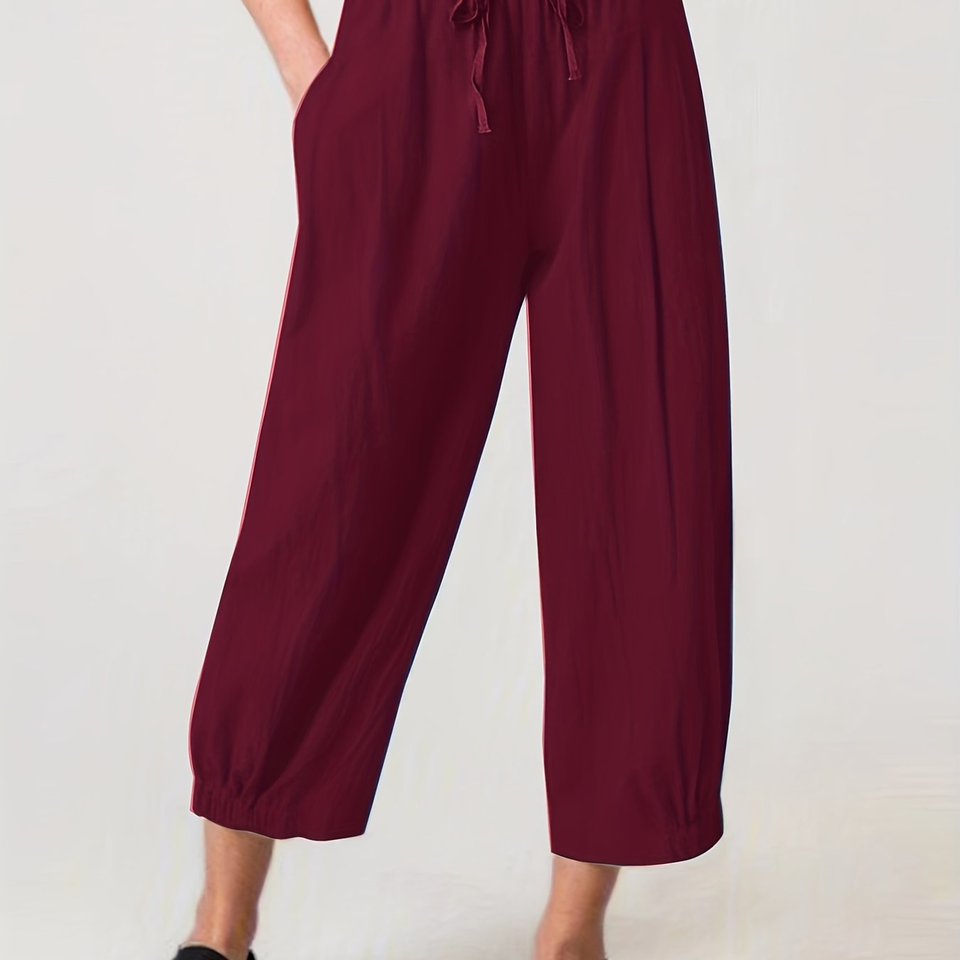Women's Solid Color Straight-Leg Pants with Elastic Waist and Pockets