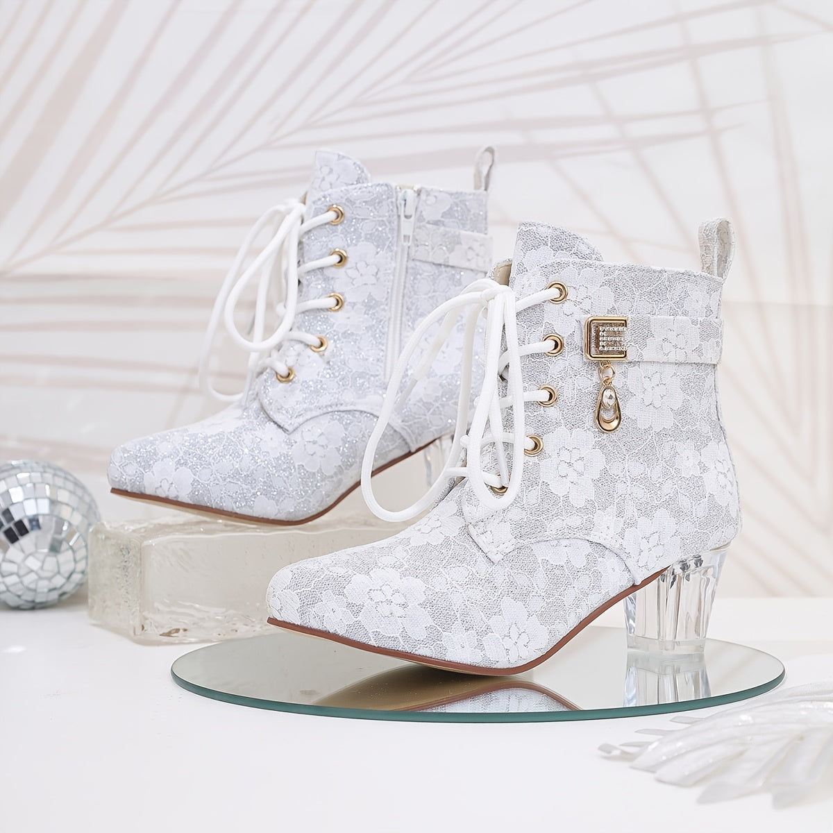 Women's Floral Lace-Up Chunky Mid-Heel Ankle Boots with Pointed Toe
