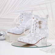 Women's Floral Lace-Up Chunky Mid-Heel Ankle Boots with Pointed Toe
