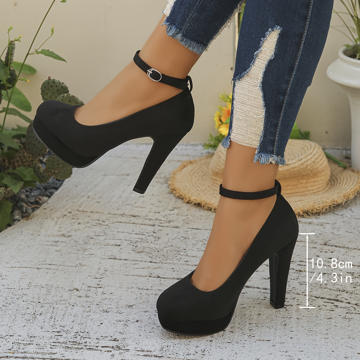 Women's Black Velvet High Heel Pumps with Ankle Strap for Work and Events