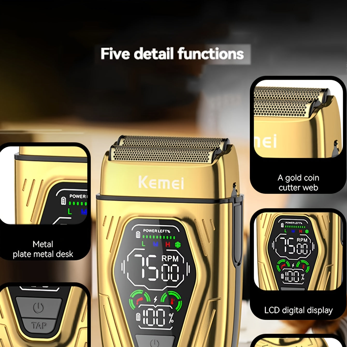 Afeitadora eléctrica para hombres con doble cabezal, carga rápida, larga duración de batería, elegante en negro y dorado