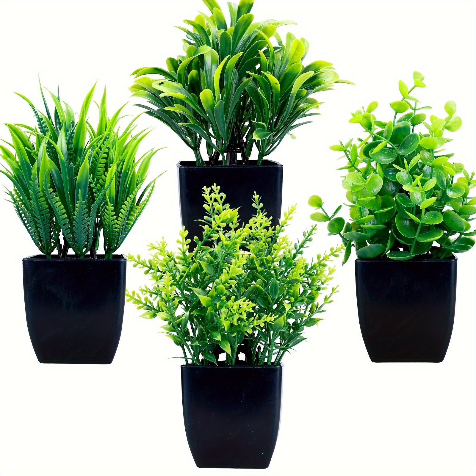 Set of 4 Small Faux Eucalyptus Plants in Black Pots for Indoor Decoration