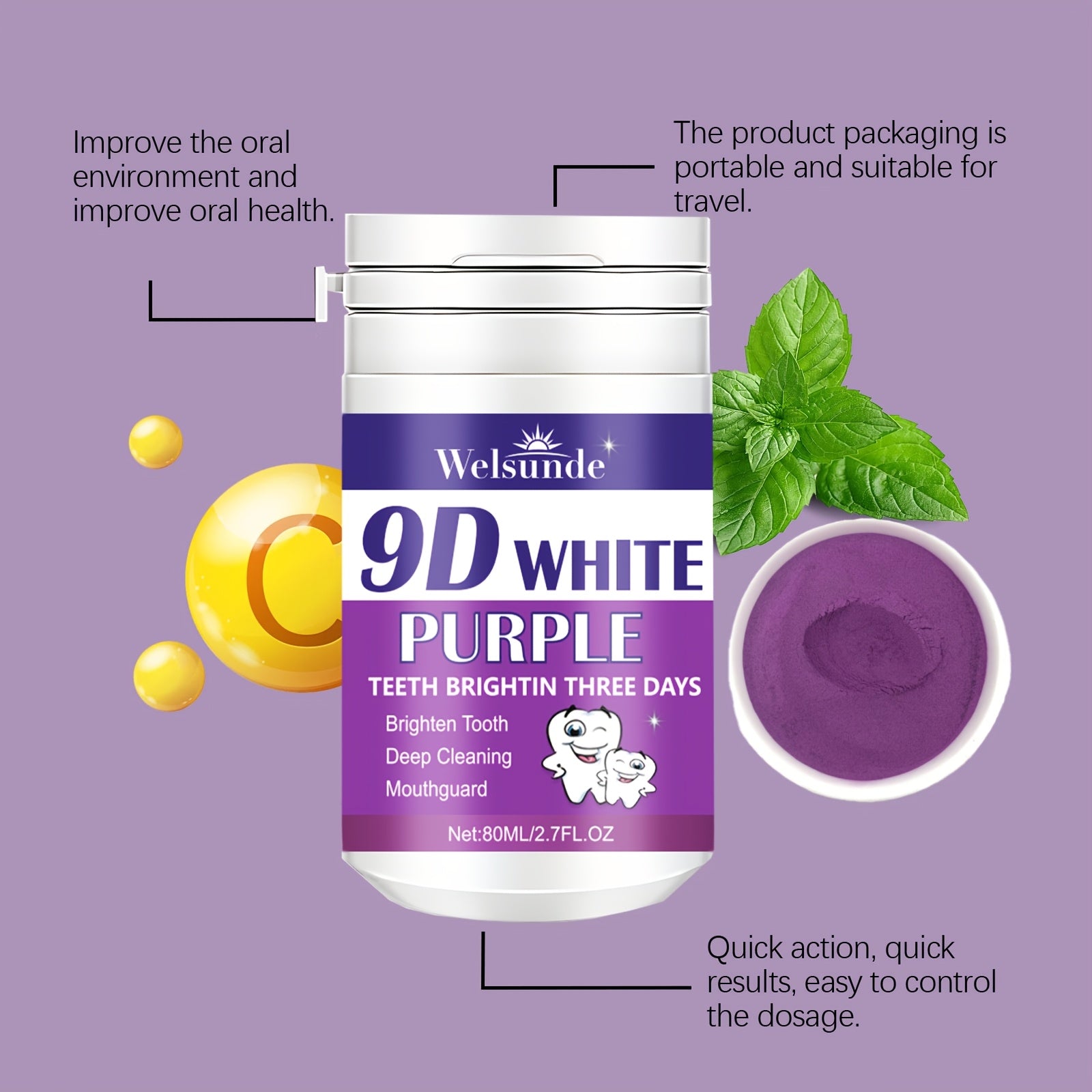 9D White Purple Tooth Powder Deep Cleans Brightens Breath 80g