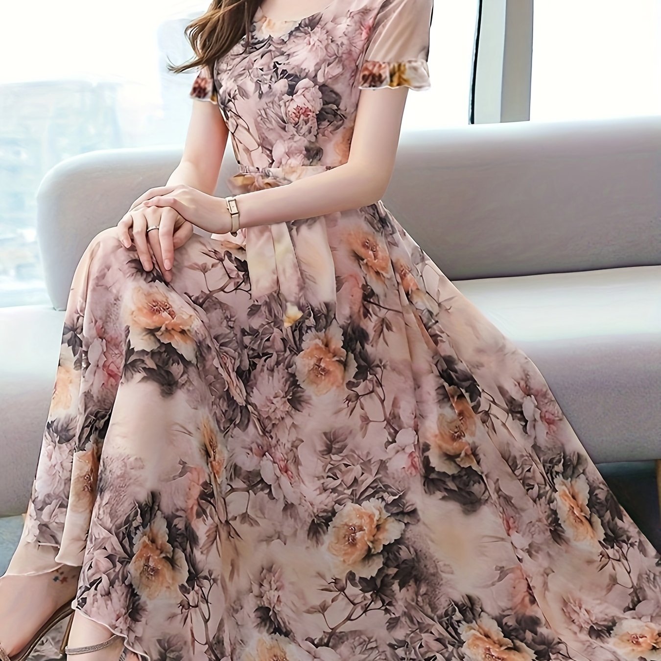 Adult Floral Peony Dress with Semi-Sheer Woven Polyester Fabric and Crew Neck