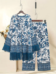 Gul naqshli franjali ikki qismli to'plam, ta'til uslubidagi uzun yengli bluzka va shimlar to'plami, kattalar uchun ayollar kiyimlari