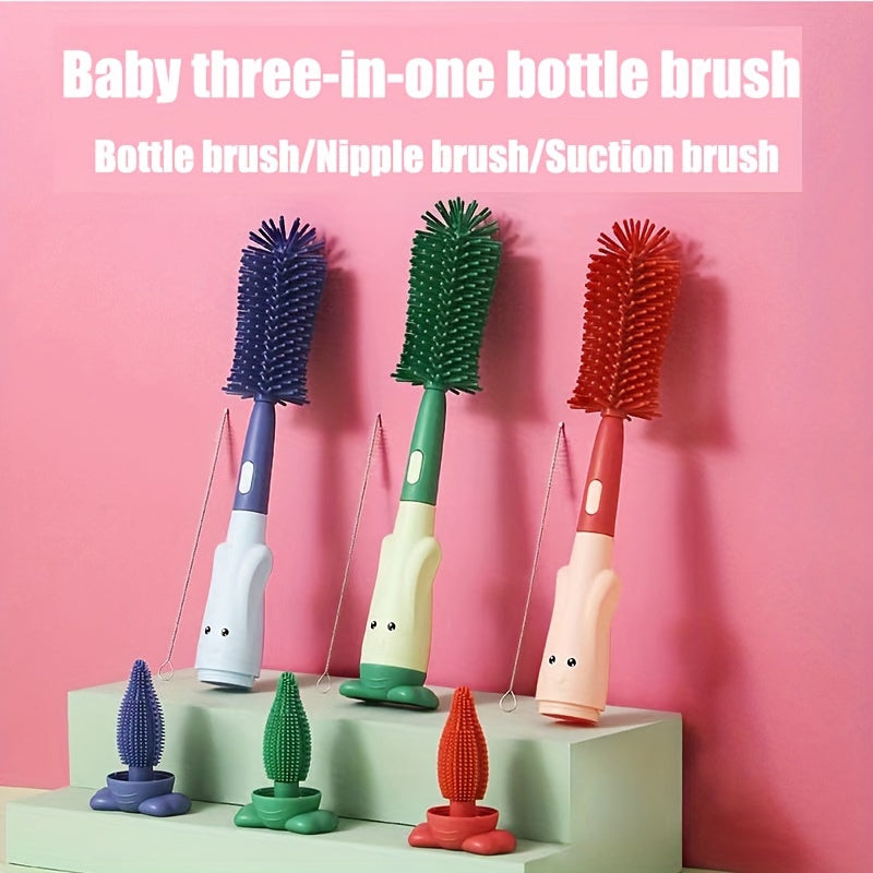 Set of Three Baby Bottle, Pacifier, and Straw Cleaning Brushes in Cartoon Design
