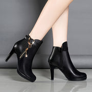 Women's Waterproof Faux Leather Ankle Boots with Side Zipper Chunky Heel