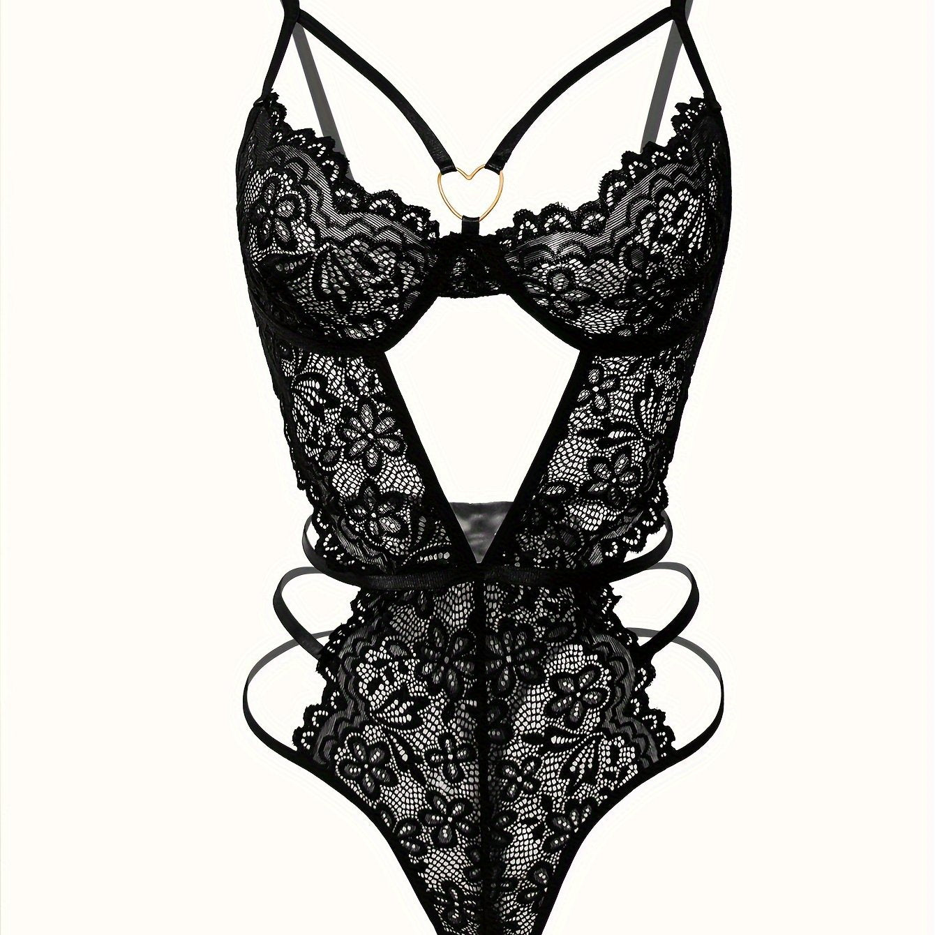 Women's Floral Lace Teddy with Heart Cut-Out and Linked Back