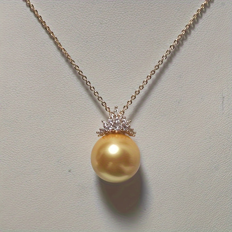 Gold-Plated Shell Pearl Necklace with 16mm Yellow Pearl 18-Inch Chain Gift for Mom