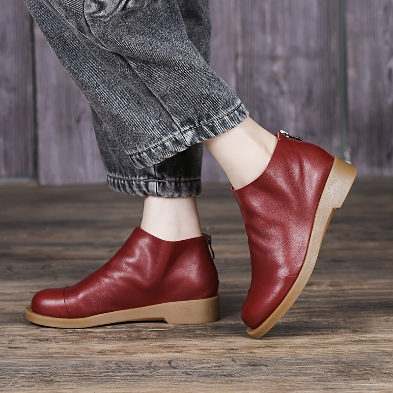 Women's Faux Leather Round Toe Zipper Short Boots with Low Heel and Ankle Support