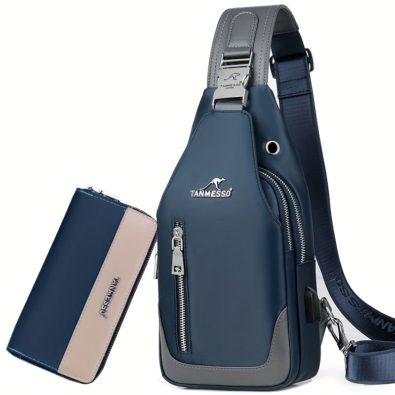 TANMESSO Erkaklar uchun Qora Ko'k Rangdagi Bir Necha Bo'limli Anti-O'g'irlik Oksford Ko'krak Sumkasi, Moslashtiriladigan Tasmali va Tasodifiy Chiqishlar uchun USB Porti