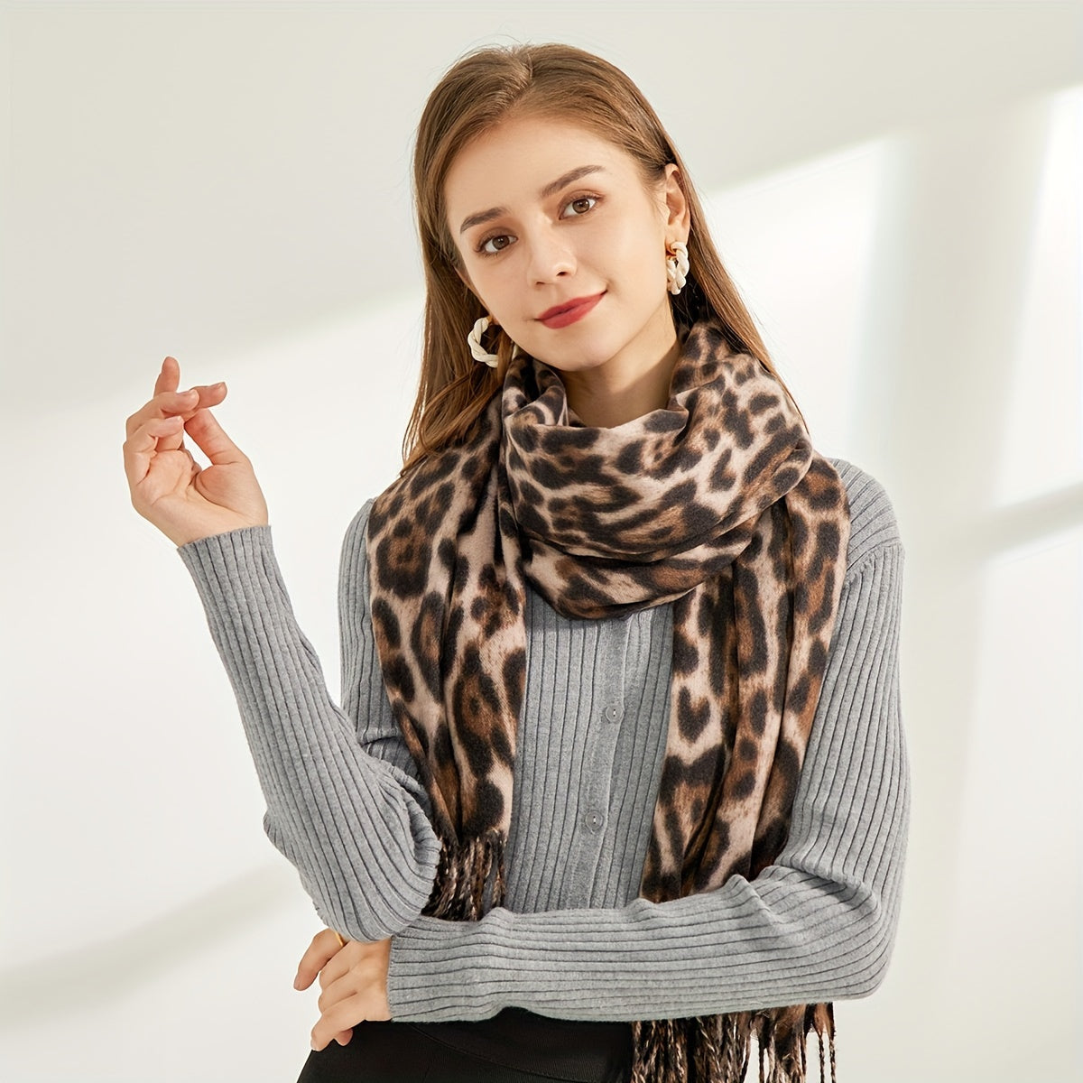 Women's Leopard Print Scarf Polyester Tassel Shawl for Autumn Winter