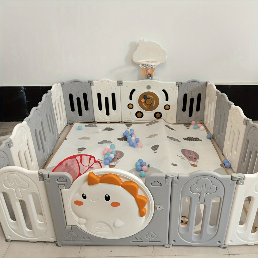 White Dinosaur Fence Set with Crawl Mat Basketball Hoop and Ocean Balls