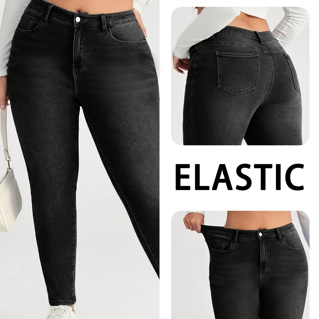 Ayollar uchun yuqori belli elastik skinny jinsilar, qora, kundalik denim