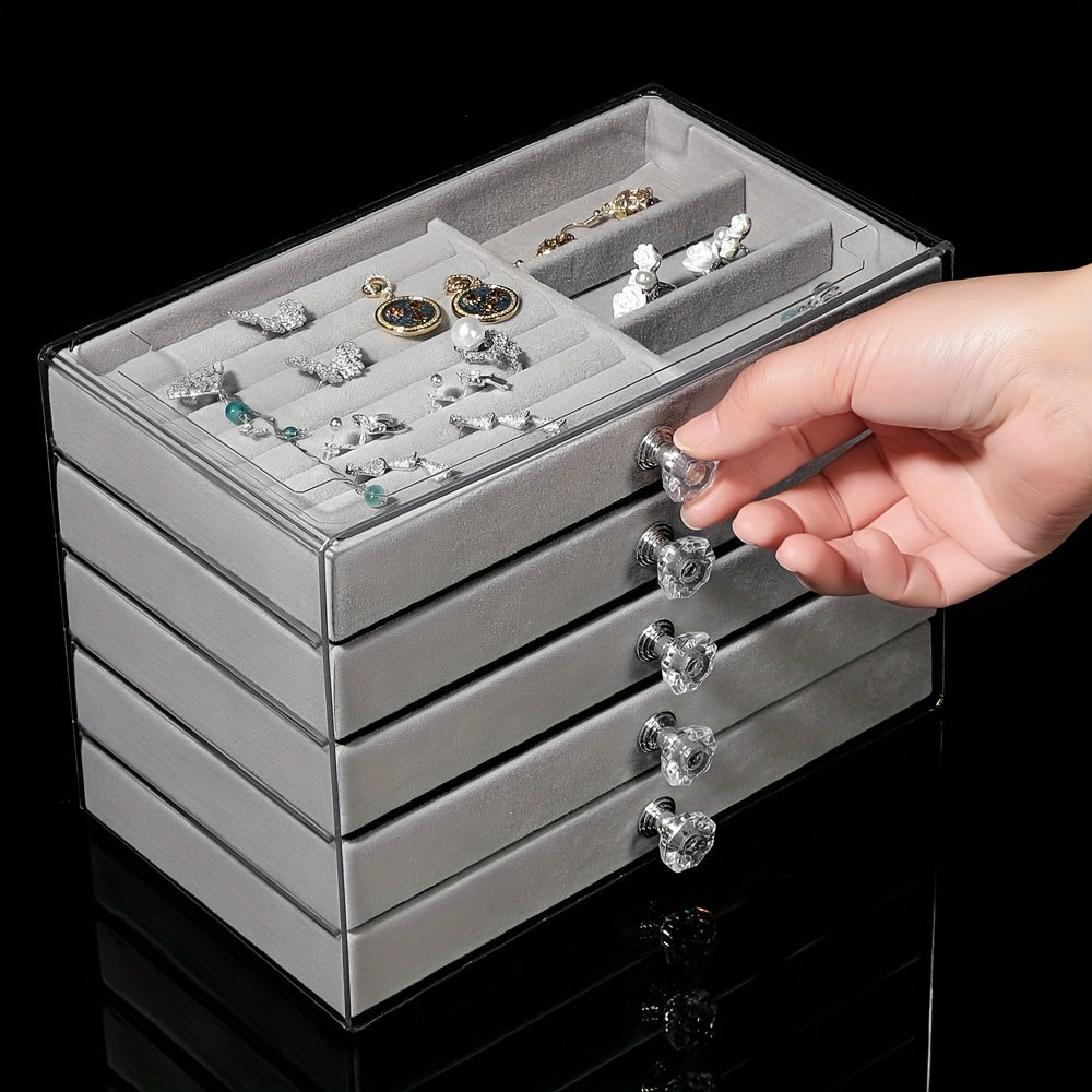 Caja de joyería de cinco capas con cajones para anillos, pendientes, pulseras y relojes. Almacenamiento de plástico con interior de tela
