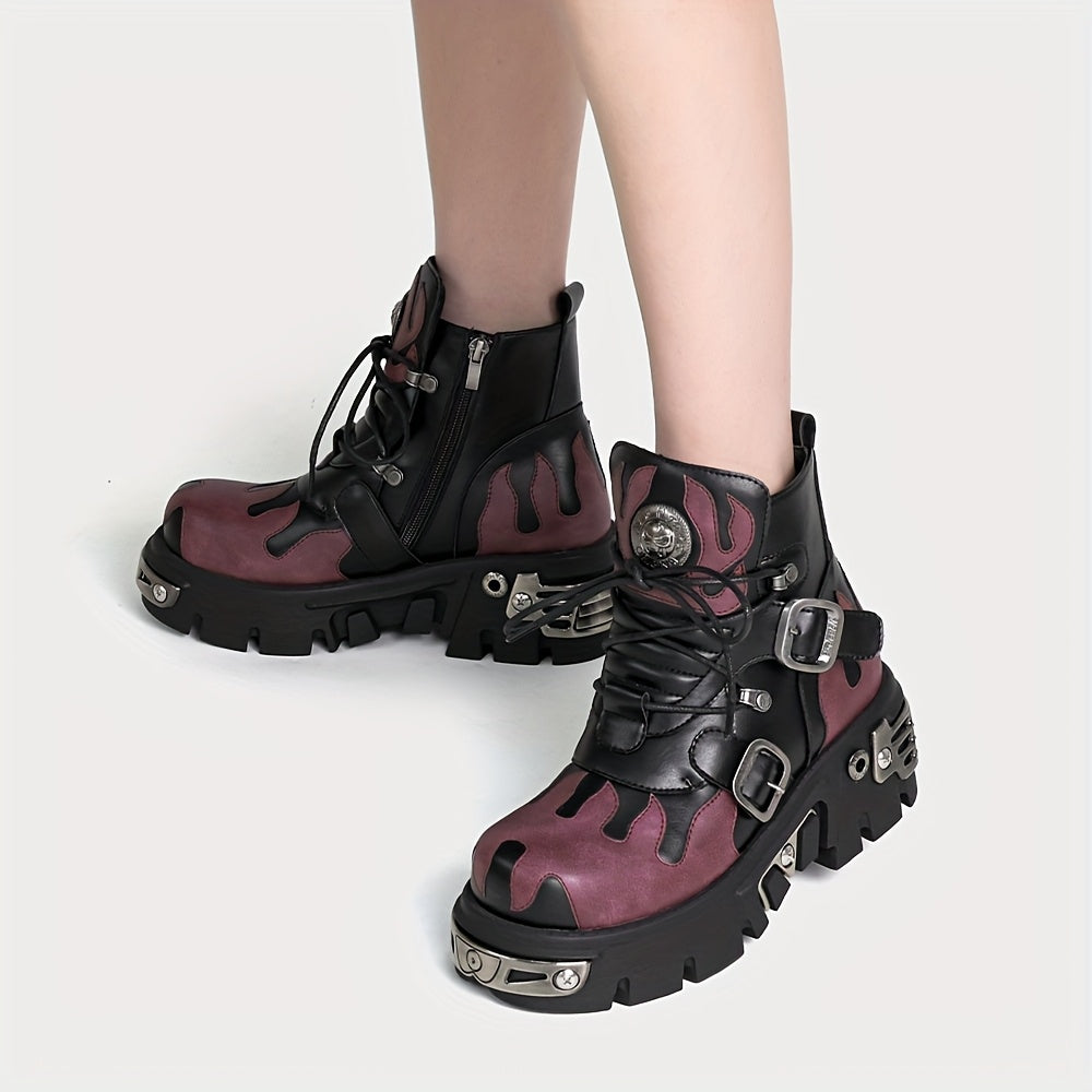 Ayollar uchun qalin platformali punk botlar yuqori top bilan, laces va zippers bilan, to'q rang va qora