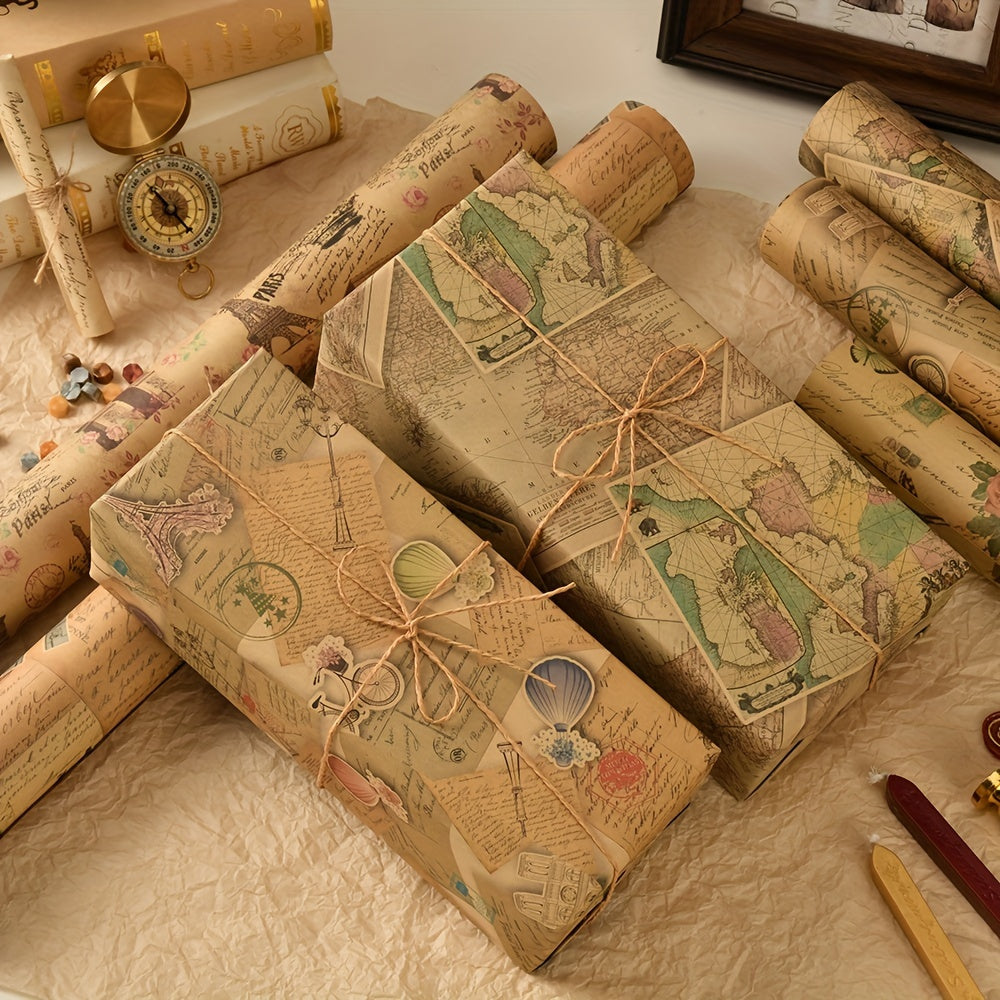 Kraft Paper Packaging with Vintage Newspaper Design and Eiffel Tower Bicycle Prints