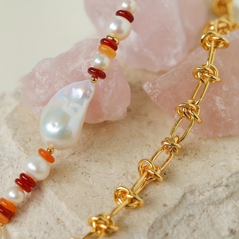 Handcrafted Beaded Necklace with Freshwater Pearls and Colorful Chain for Women