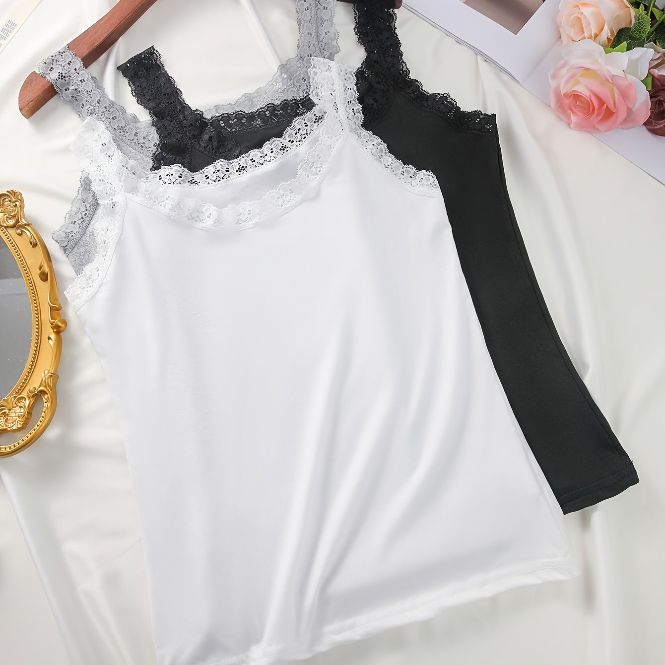 Women's Plus Size Lace Camisoles Set Slim Fit Stretchy Vests Solid Color Layering Tops