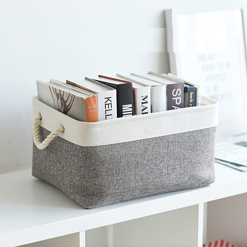 Gray and White Linen Storage Basket with Rope Handles for Closet and Nursery Organization