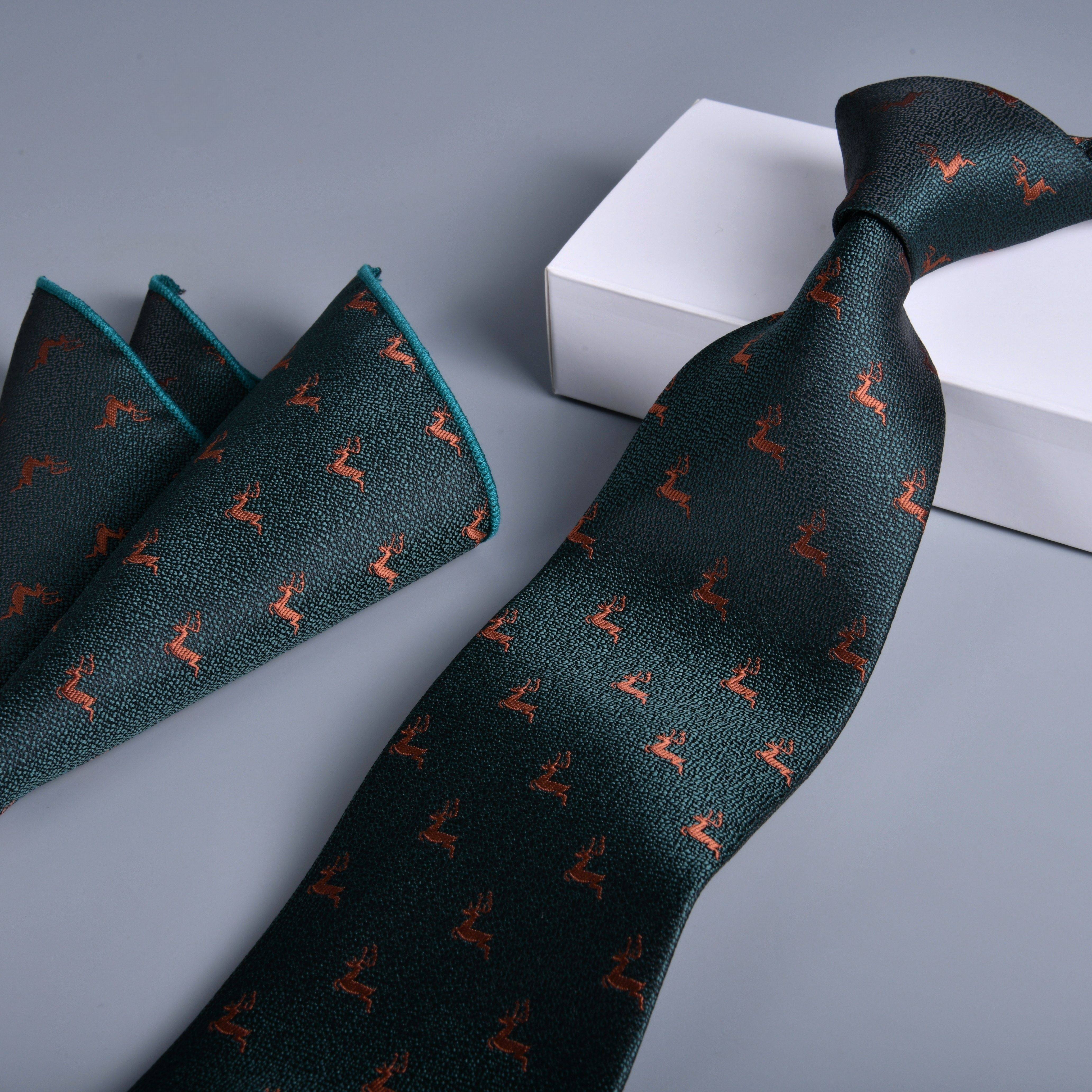 Men's Jacquard Deer Tie and Pocket Square Set Polyester Woven Design