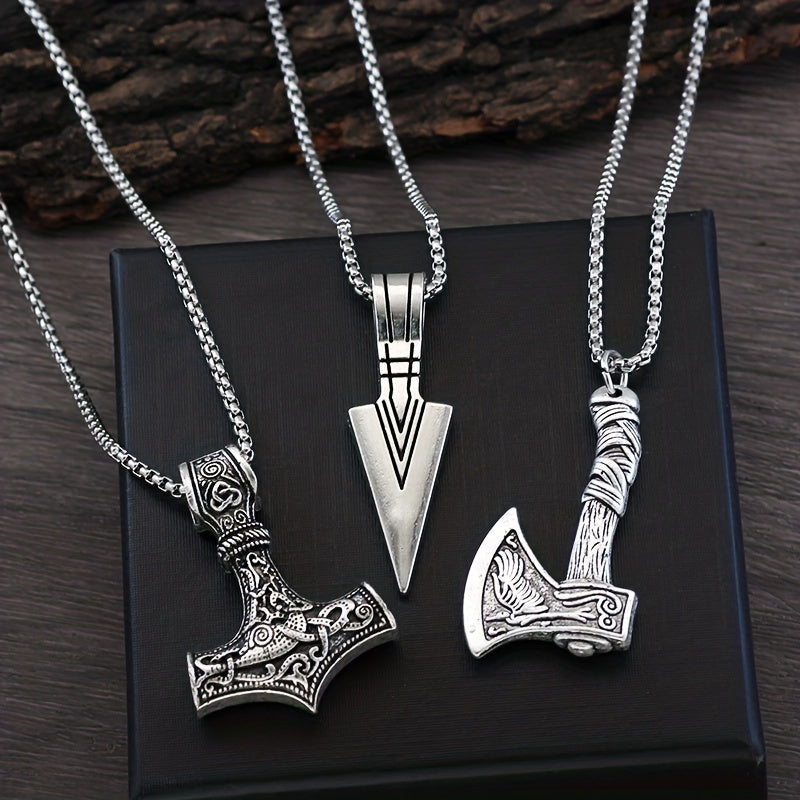 Men's Viking Necklace Set 3 Pieces with Hammer Compass Celtic Knot Wolf Axe Pendants