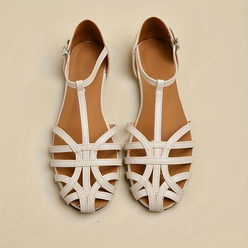Women’s Beige Synthetic Roman Sandals with Flat Heel and Crisscross Straps