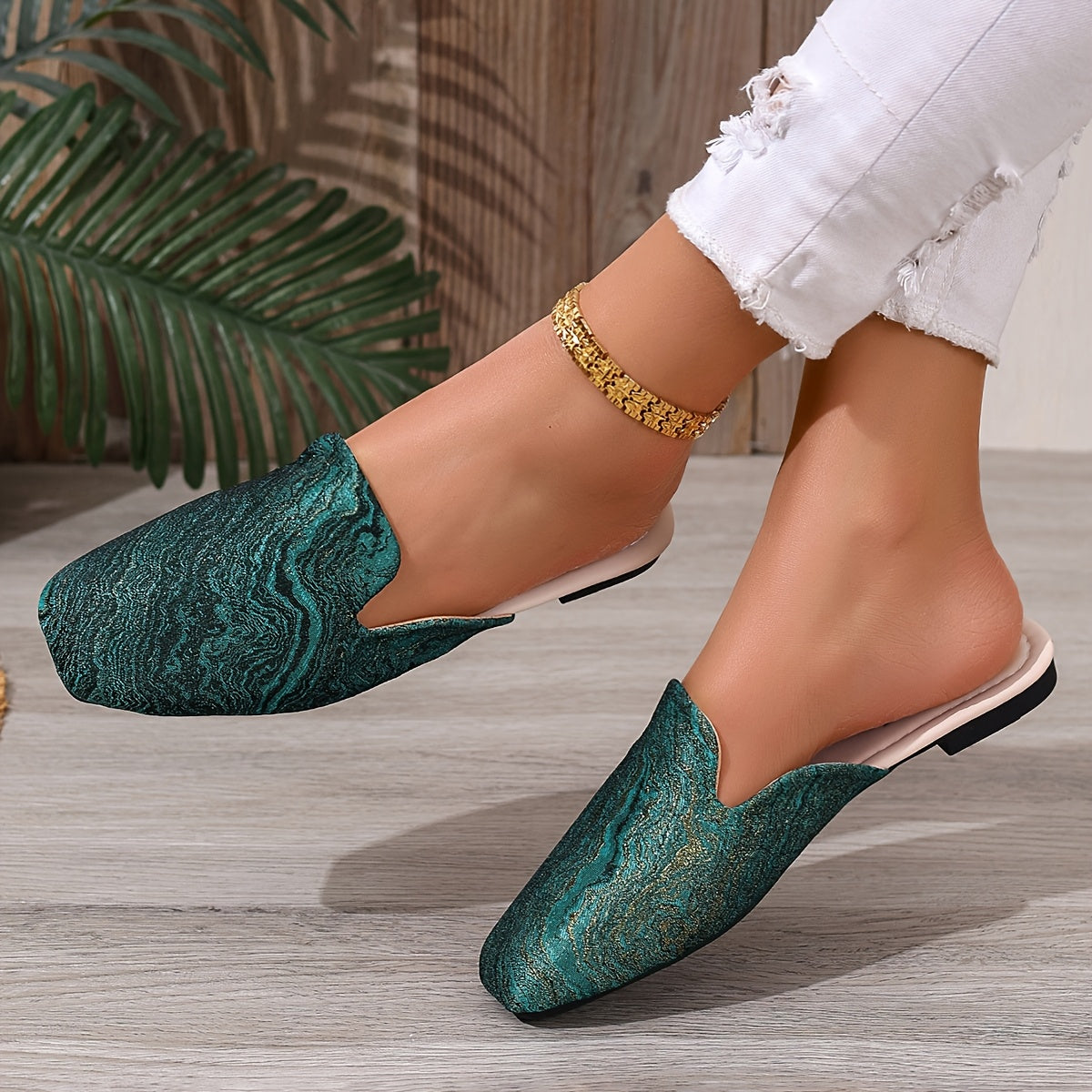 Women’s Green Glitter Slip-On Flat Shoes Casual Square Toe TPR Sole