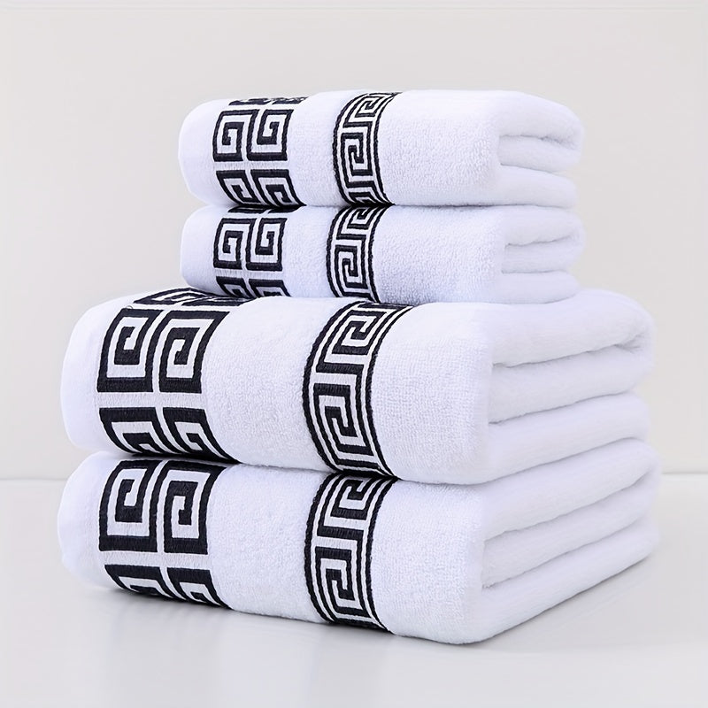Luxury Cotton Bath Towel Set 4 Pieces Geometric Embroidery 400GSM Soft Absorbent