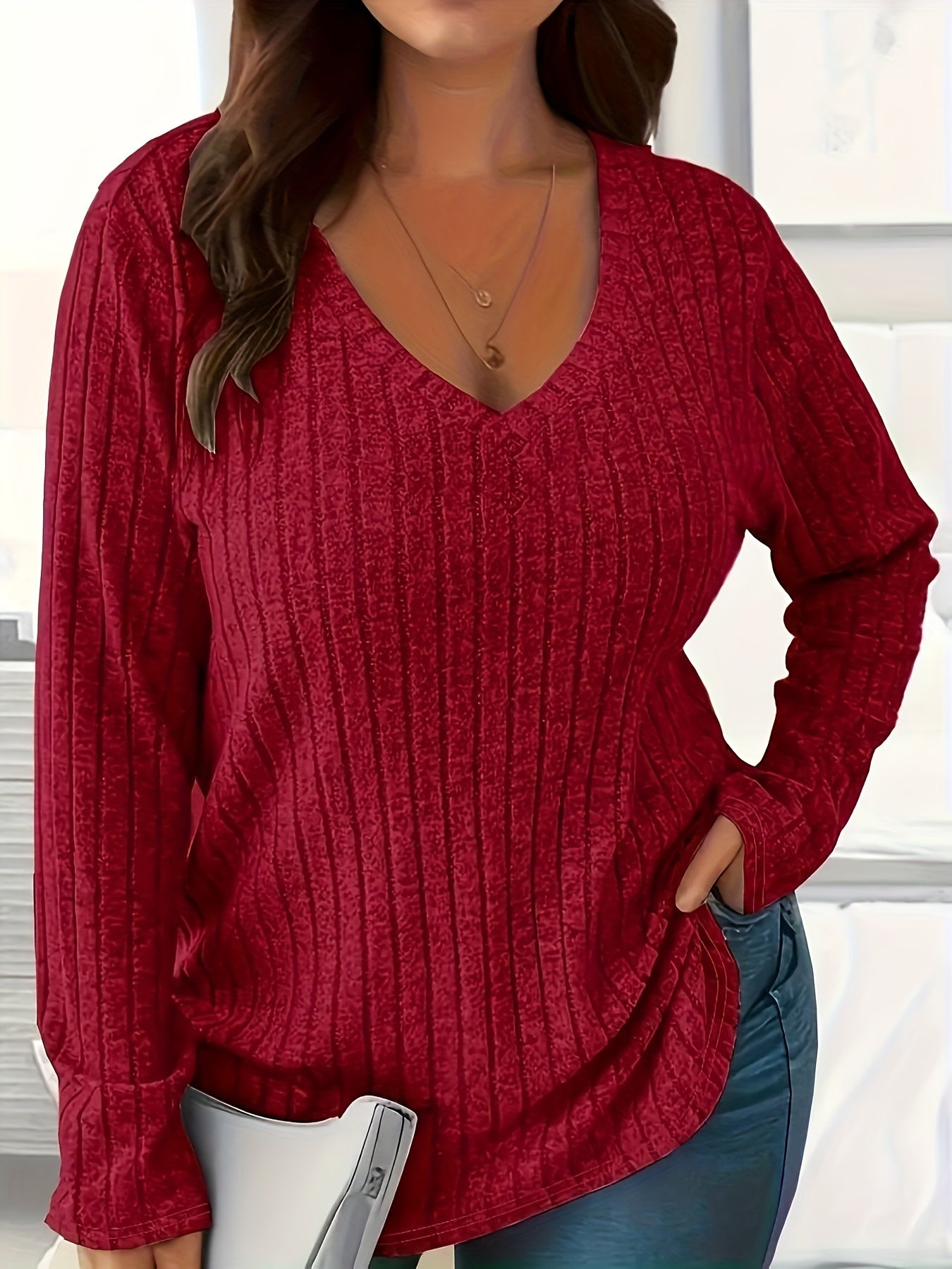 Plus o'lcham ayollar uchun ribbed V-yuynli uzun qolliklar 3 ta to'plam, birxil ranglar