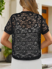 Women's Large Lace Floral Open Shirt Short Sleeve Elegant Top