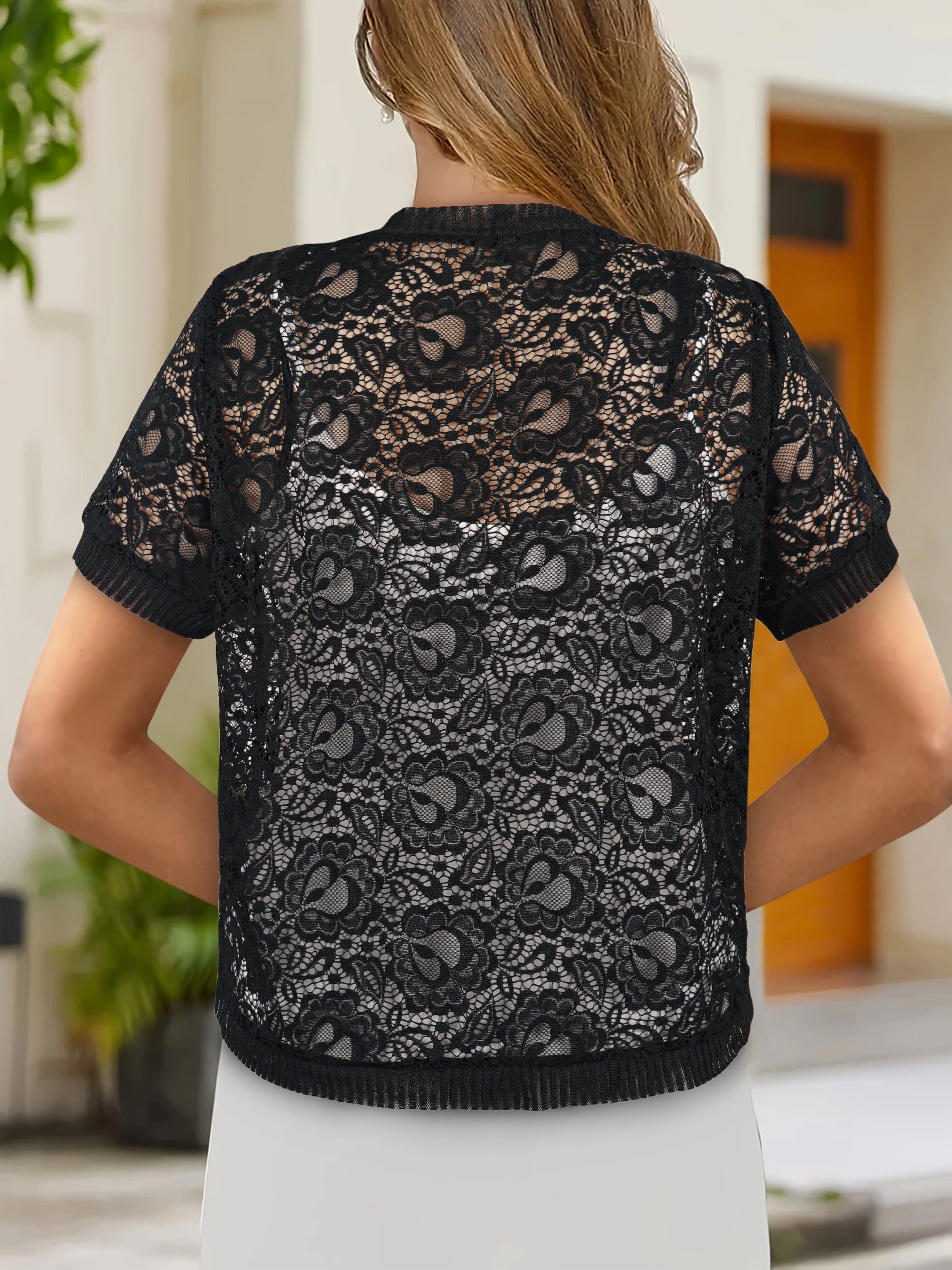 Women's Large Lace Floral Open Shirt Short Sleeve Elegant Top