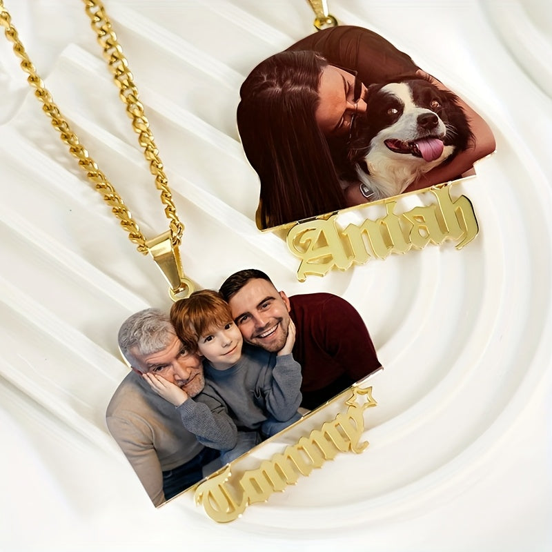 Collar de fotos de acero inoxidable chapado en oro de 18 quilates personalizado con nombre grabado para el Día de la Madre, Día del Padre y Navidad