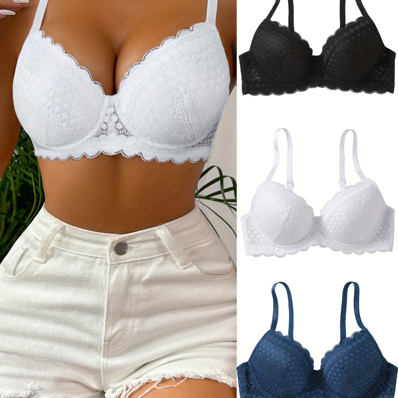 3 ta Elegant Dantelli Push-Up Brassiylar to'plami, Ayollar uchun Oq, Qora va Ko'k ranglarda. Jozibador, Qulay va Havo O'tkazuvchi, O'chirilmaydigan Yostiqlar bilan. Jozibador va Silliq Ichki Kiymish Ko'rinishi uchun Mukammal.
