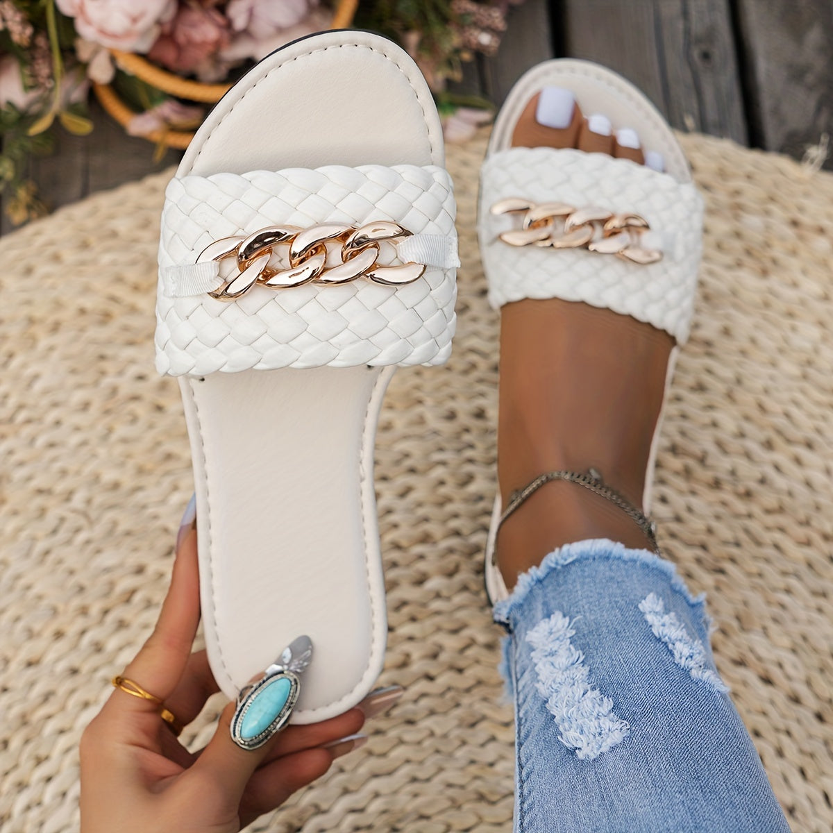 Women's Leather Slide Sandals With Chain Decor Open Toe Summer Flats