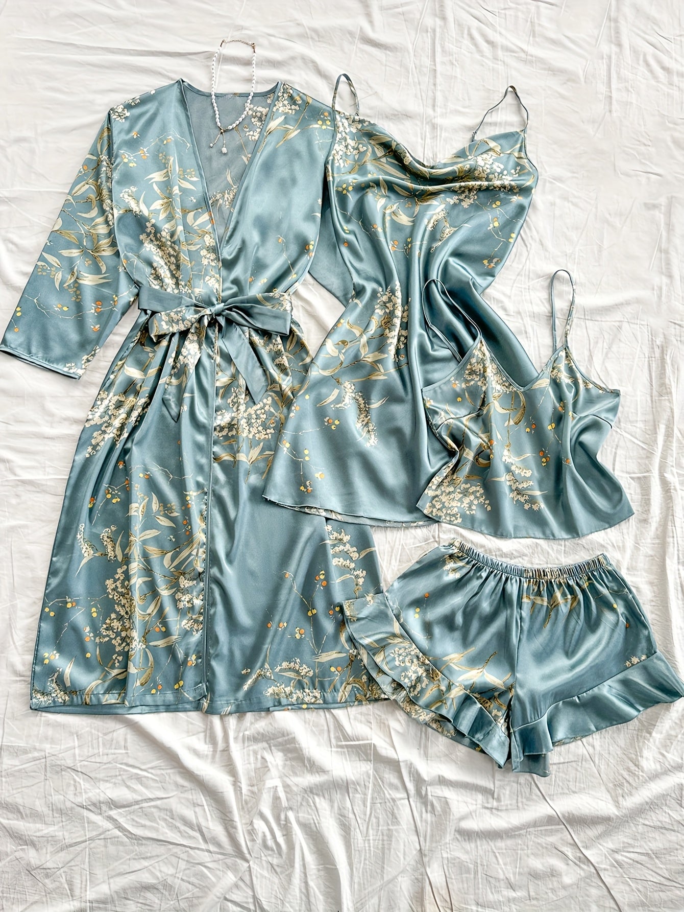 Plus Size Satin Robe Set Women Cherry Blossom Print Long Sleeve Cami Nightgown Shorts