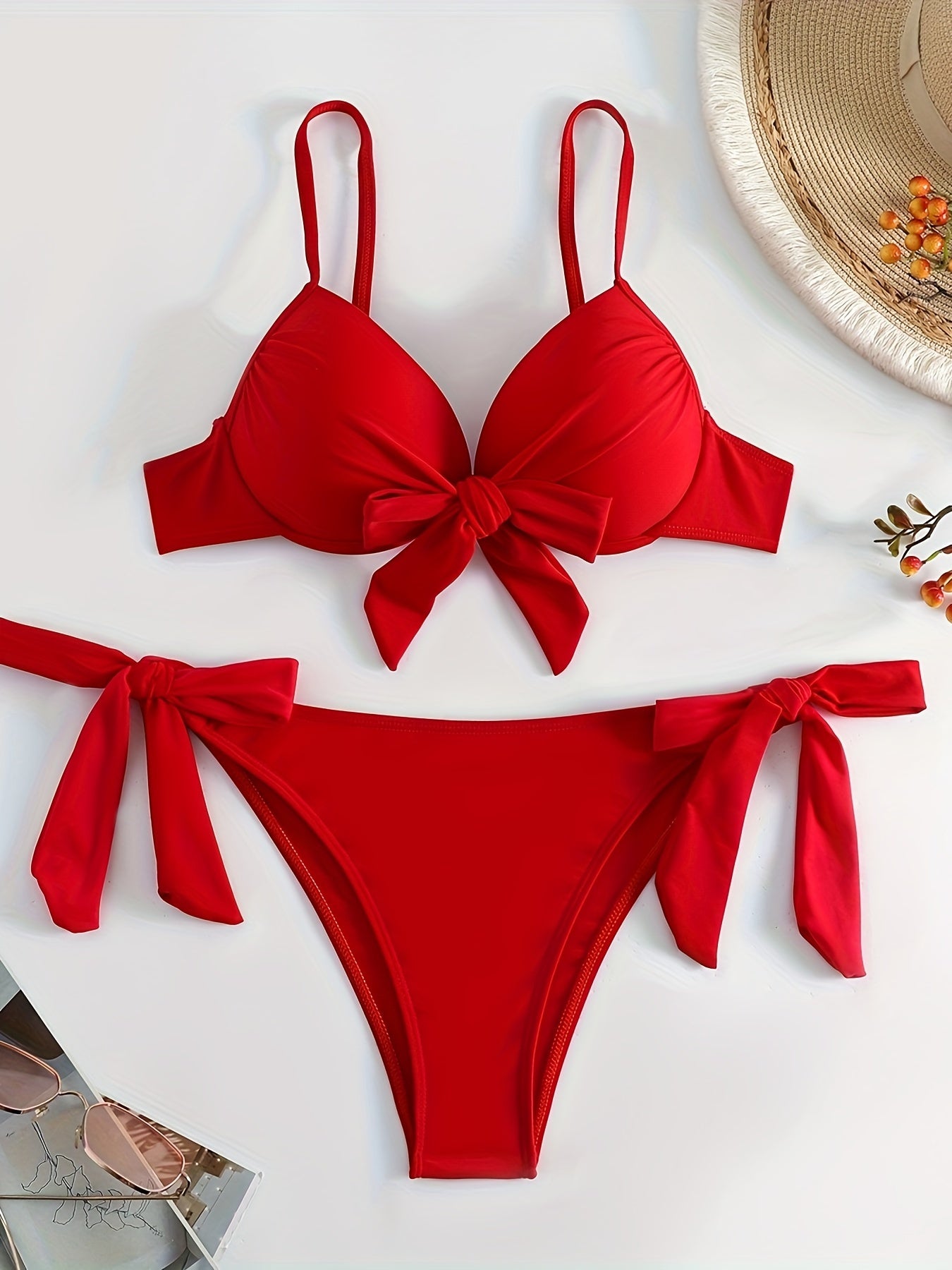 Red Solid Color Bikini Set with Lace Up Halter Neck and High Stretch Fabric