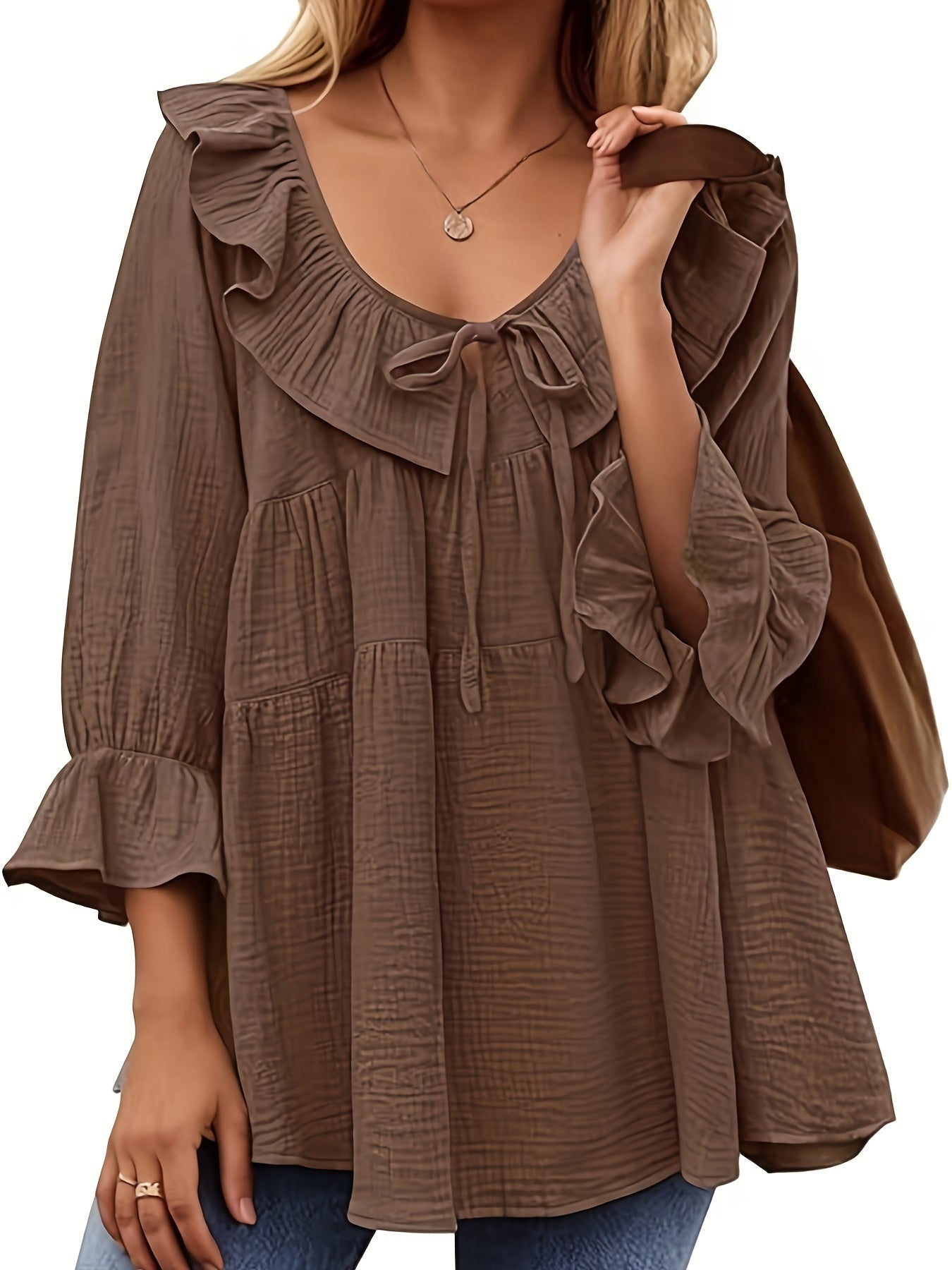 Plus Size Women's Ruffled Viscose Blouse with Ruffled Neck and Drawstring Waist