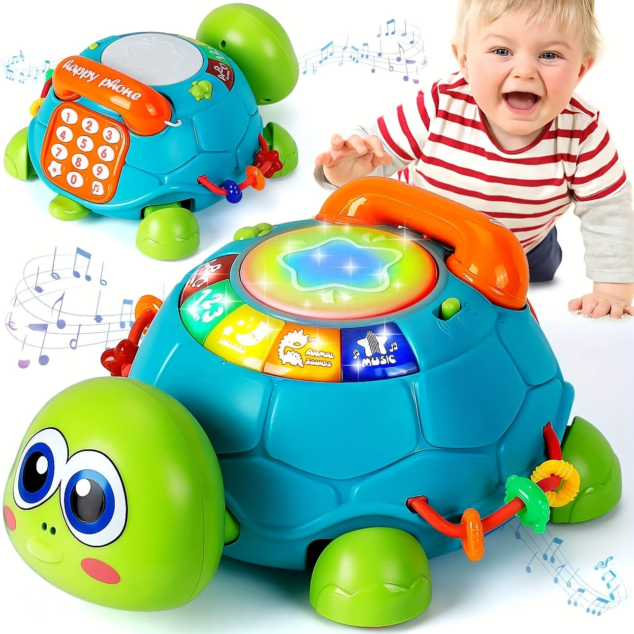 Kids Educational Toy Light-Up Turtle with Hand Drum Keyboard and Colorful Buttons Green White