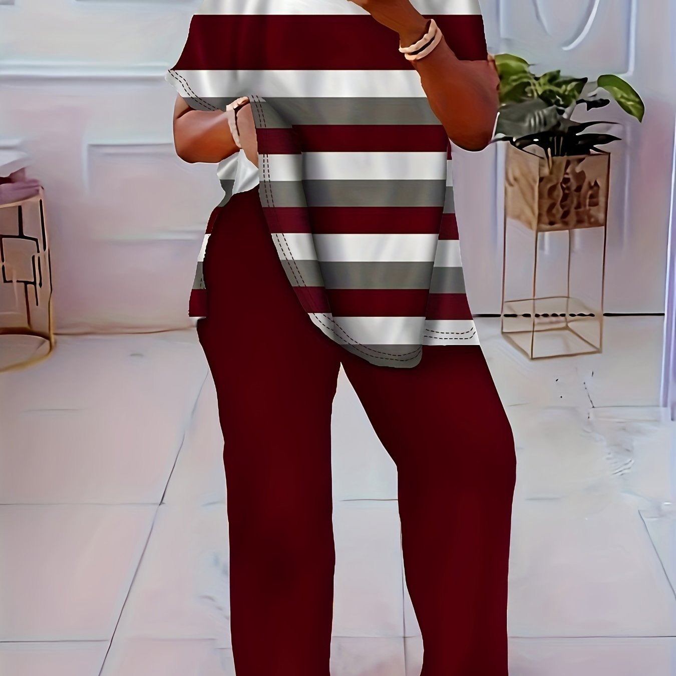 Plus Size Striped Co-ord Set Polyester Knit Crew Neck Straight Leg Casual