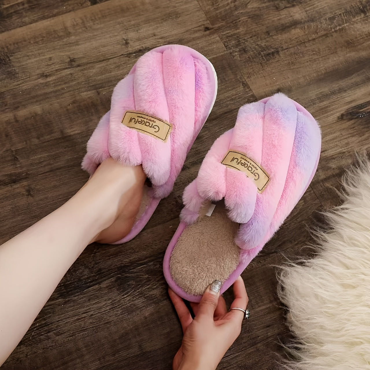 Women’s Plush Fleece Indoor Slippers Black Pink White Cozy House Shoes