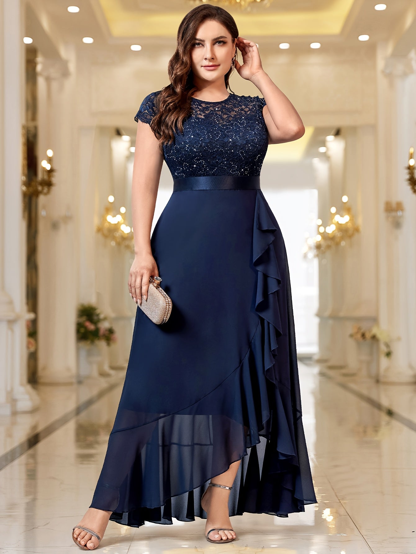 Plus Size Women's Long Dress with Sequin Lace Ruffle Hem Formal Party