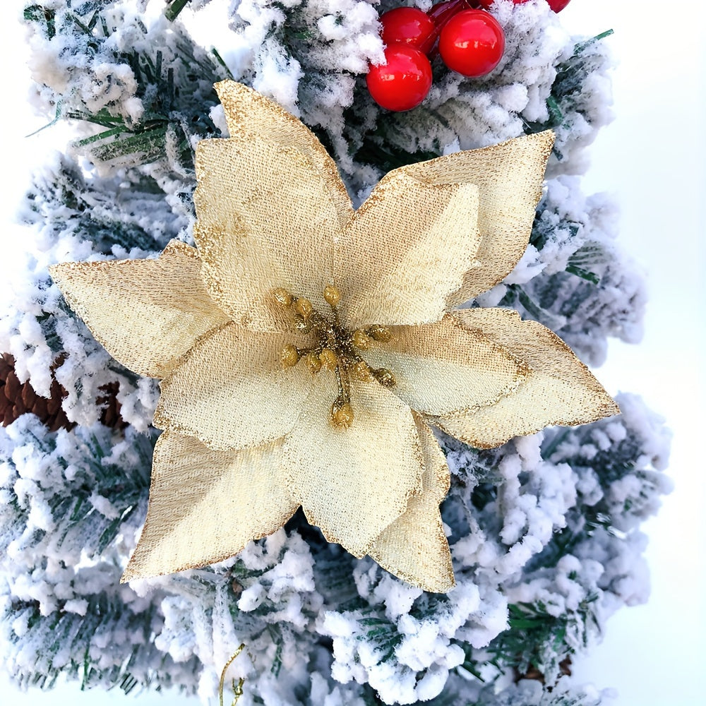 Juego de 10 flores artificiales de Navidad con purpurina para decoración de árbol 14cm