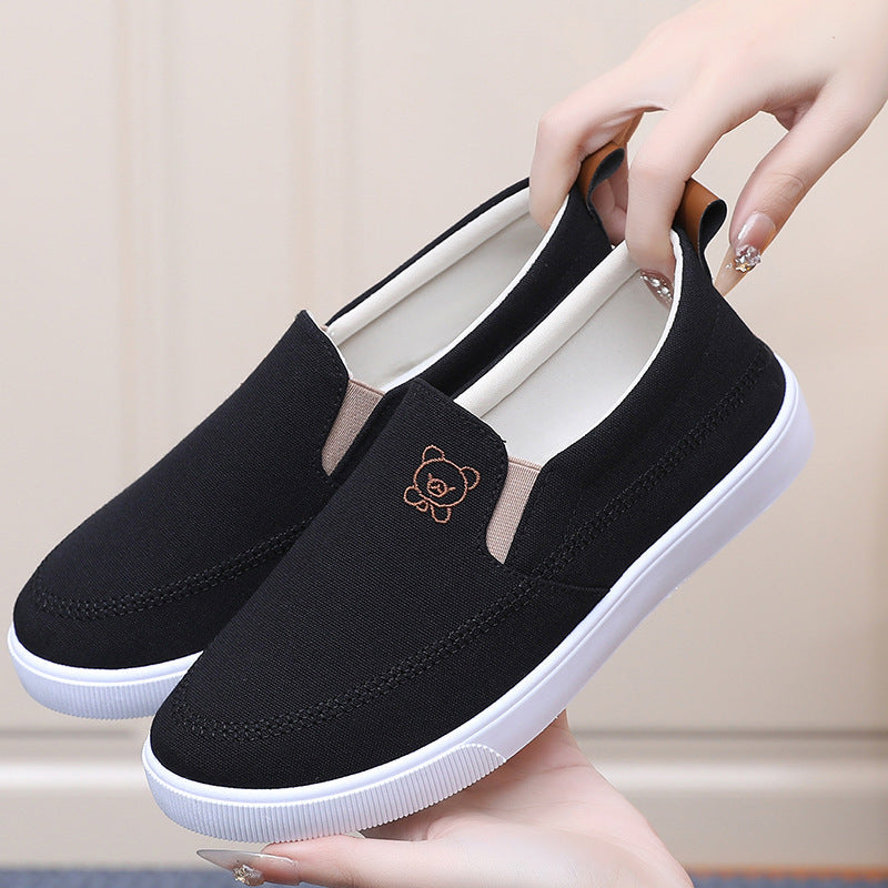 Women's Embroidered Slip-On Sneakers Breathable Casual Flats Navy Blue Black