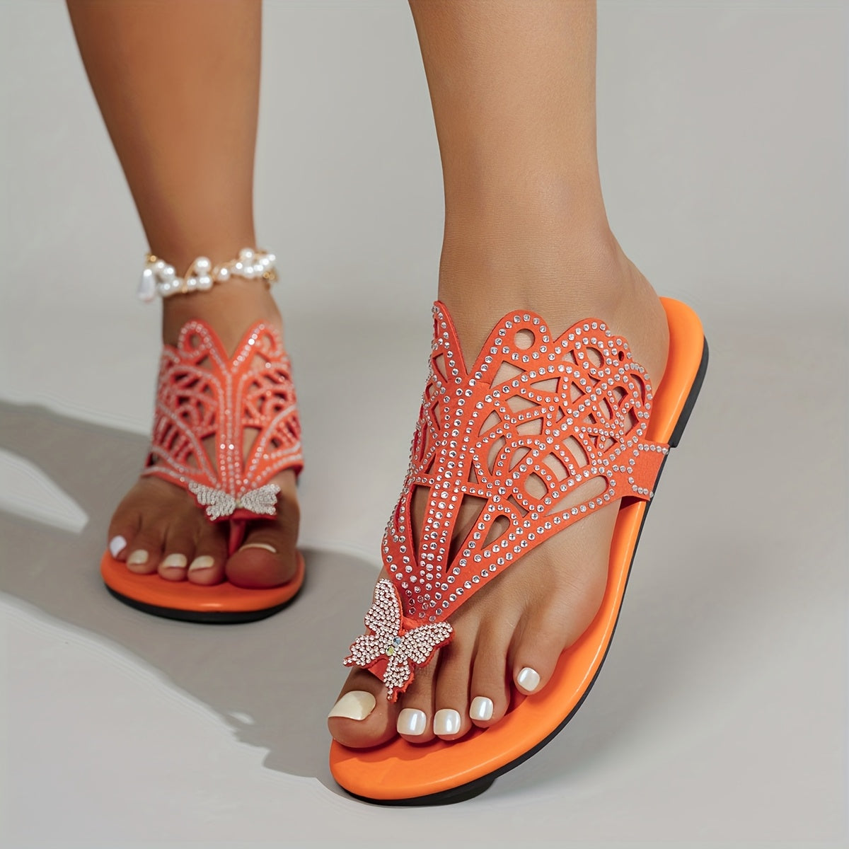 Women's Ethnic Style Butterfly Embellished Square-Pattern Slip-On Sandals with Cushioned Sole