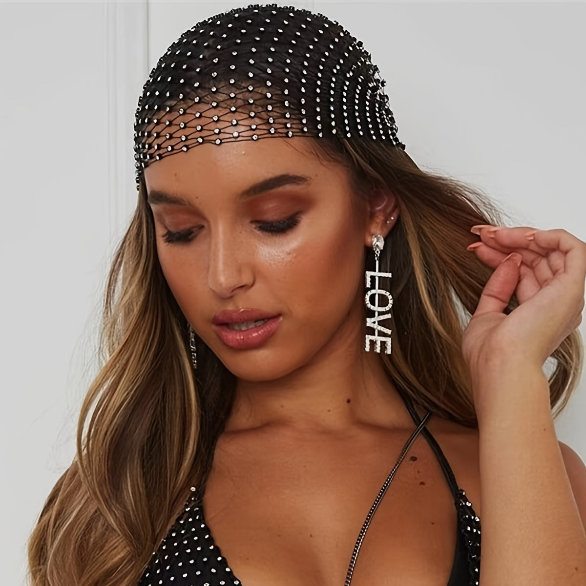 Black Rhinestone Fishnet Headband Y2K Party Decor Veil Cap for Women
