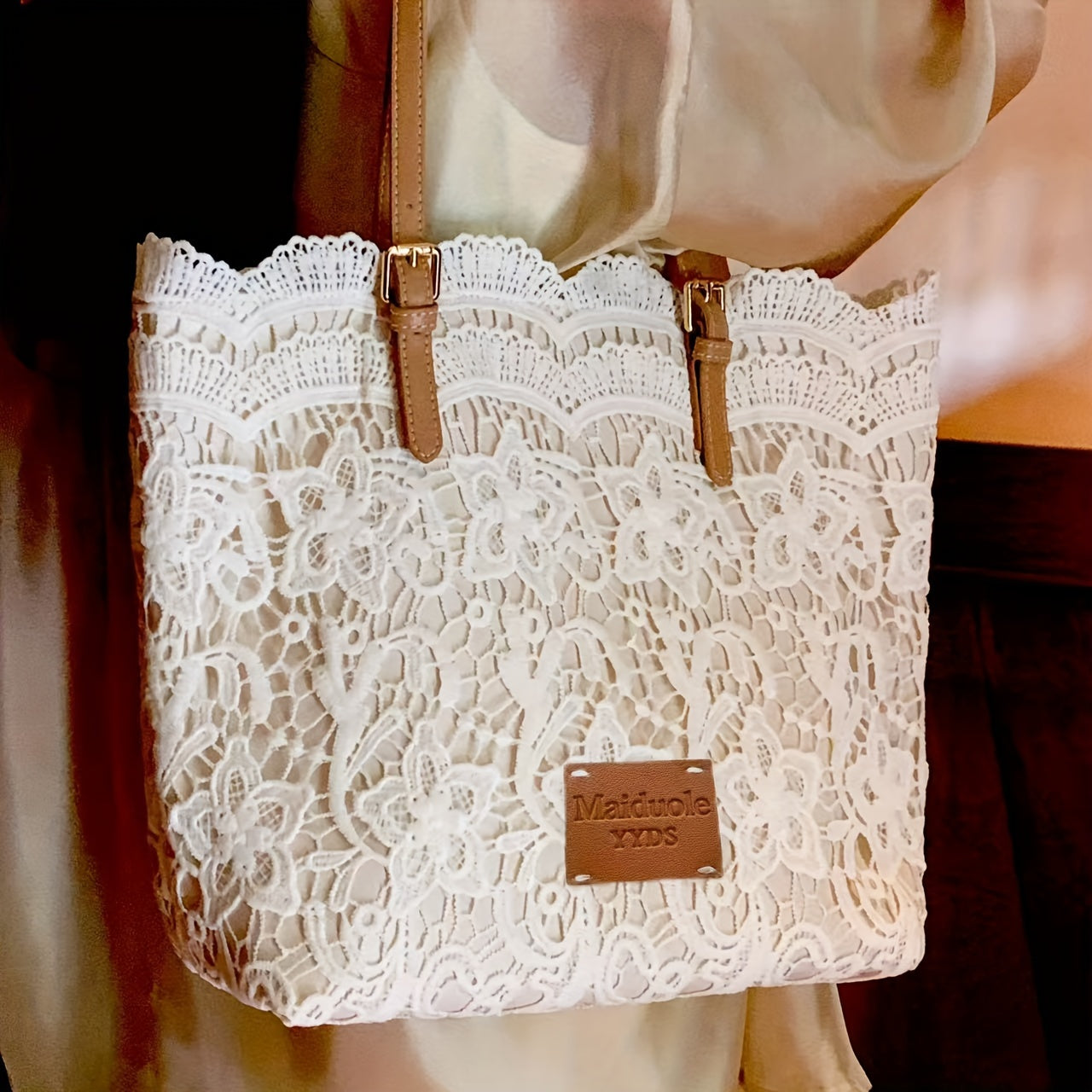 Women's Lace Shoulder Bag with Adjustable Strap Foldable Design and Wristlet